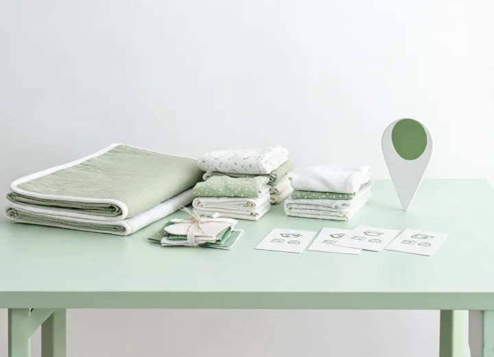 Minimal nursery desk with B Toys textile samples
