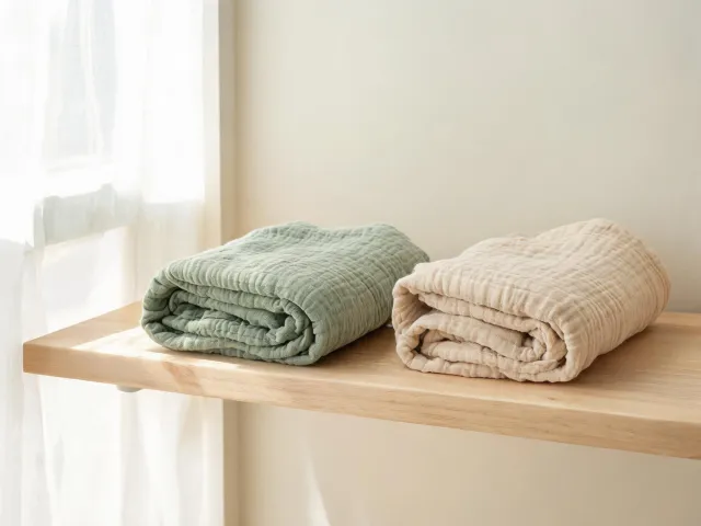 Folded muslin swaddles on nursery shelf